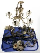 A gilt brass five branch chandelier and further sconces and fittings.