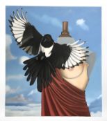 Jan J : Mannequin with magpie, oil on canvas, 81cm x 100cm.