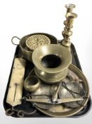 Brass wares to include pair of candlesticks, cooking pot, Salter improved spring balance,