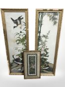 A pair of Chinese silk embroidered panels, each 90 cm x 25 cm, plus a smaller example.