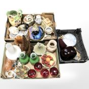 Various ceramics including Japanese satsuma export vases and plates, ruby champagne glasses,