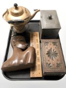 A brass spirit kettle on burner stand, African hardwood bust, cribbage board,