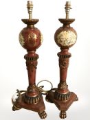 An ornate pair of contemporary lacquered lamp bases on paw feet, height 63 cm.