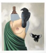 Jan J : Mannequin with jackdaw, oil on canvas, 81cm x 100cm.
