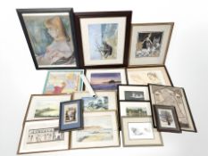 Assorted pictures and prints, Egyptian papyrus pictures, watercolours, etc.