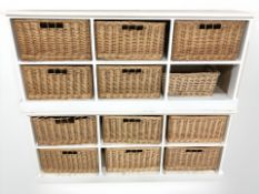 Two painted low sideboards, with six wicker drawers, each 151 cm x 39 cm x 65 cm.