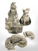 Five concrete garden statues of dragons,