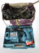 A Makita power drill, in case, together with a vintage hand drill, a sander, etc.