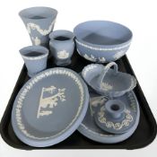 A group of Wedgwood blue and white Jasperware, as illustrated.