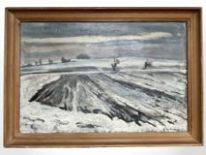 Danish School : Farmland in winter, oil on canvas, 60 cm x 40 cm.