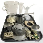 A glass figure of an owl, twin handled champagne bucket, assorted brass and pewter wares.