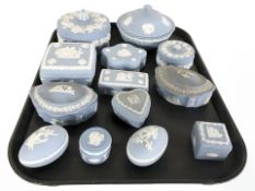 A group of Wedgwood blue and white Jasperware, as illustrated.