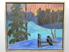 Danish School : Crow on a fence, oil on canvas, 65 cm x 53 cm.