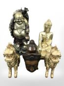 A gilt figure of Buddha in lotus pose, further standing Buddha,