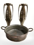 A pair of Art Nouveau brass twin-handled vases,