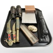 A telescope, pair of antique binoculars, two Eastern knives in brass sheaths, bone trinket box,