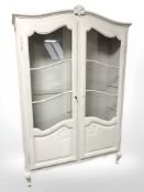 A French style painted double door display cabinet, 121 cm x 38 cm x 180 cm.