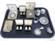 A group of Wedgwood Jasperware thimbles, Christmas decorations, miniature tea pot, etc.