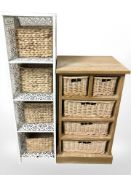 A pine stand with five wicker drawers and a further metal four drawer stand.