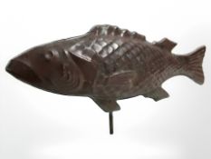 A copper plated metal sculpture of a fish, length 66 cm.