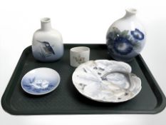 A Royal Copenhagen Kingfisher vase, a further bulbous vase, pin dish and two further pieces.