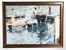 20th Century School : Fishing boats in a harbour, over painted print, 49 cm x 69 cm.
