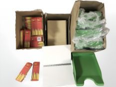 Several packs of HP pencils, note pads, office filing drawers.