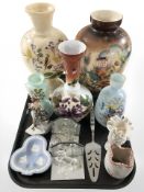 A group of Victorian hand painted opaque glass vases, pair of crystal figures on mirrored stands,