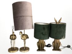 A pair of modern table lamps modelled as flamingos, and a further similar pair as rabbits,