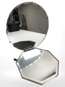 An Art Deco frameless circular mirror, and an octagonal mirror,