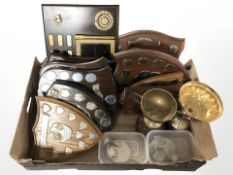 A group of golf trophies.