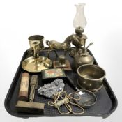 A brass horse and cart, similar oil lamp base, oil can, ejector candlestick,