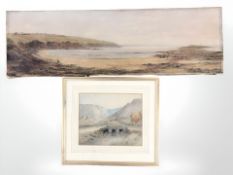 19th century School, Figures on rocky beach at low tide, oil on canvas, indistinctly signed,