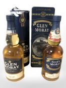Two bottles of Glen Moray single malt scotch whisky, both 70 cl, in cartons.