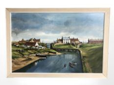 20th Century School : Boats in a harbour, oil on canvas, indistinctly signed, 60 cm x 90 cm.