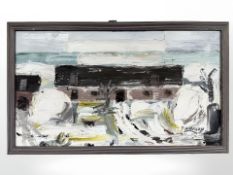 P Hansen : Abstract buildings, oil on canvas, 69 cm x 38 cm.