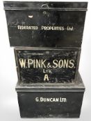 Three 19th century lacquered tin deed boxes, largest 62 cm wide.