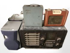An Ekco valve radio, a mini slide projector, a further radio and a pair of JVC speakers.