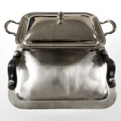 An EPNS twin handled serving platter with leather handles and a further lidded entree dish,