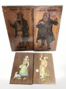 Four reproduction wooden panels, two of which depicting Dickens characters, length 27 cm.