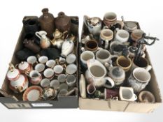 A group of pottery steins, stoneware bottles, oriental export coffee china, figurines, etc.