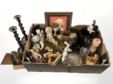 Assorted items including a metronome, pair of barley twist candlesticks, figurines, dolls,
