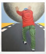 Jan J : Figure on a road pushing boulder, oil on canvas, 81cm x 100cm.