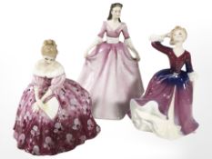 Three Royal Doulton figures comprising of Victoria HN2471, Melissa HN2467 and Gloria HN3200.