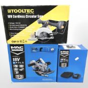 A Tooltec cordless circular saw, Macallister circular saw and charging unit,