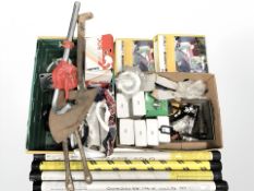Assorted tools and hardware including tubes of welding rods, pipe bender, bolt cutters,