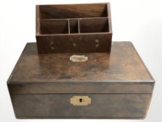 A Victorian burr walnut writing slope and a contemporary Eastern brass inlaid correspondence stand.