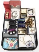 Assorted costume jewellery, replicate gents wristwatch, boxed pairs of cufflinks, travel timepiece,