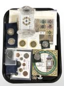 A group of commemorative £5 coins, pre-decimal coin set, commemorative coin covers,