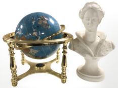 A gem stone globe and a composition bust of a lady,